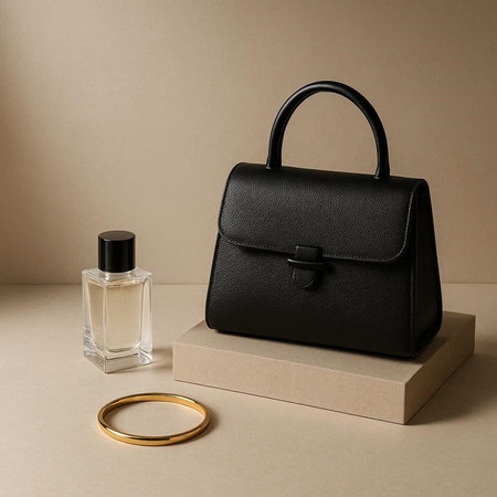 Black leather bag, perfume bottle and gold ring on beige backgroundの写真素材