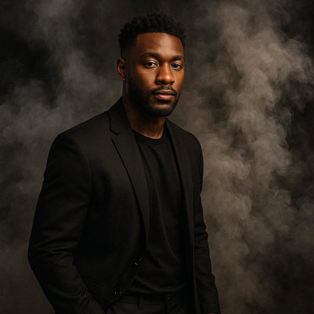 Handsome african american man in black suit and smoke on dark background