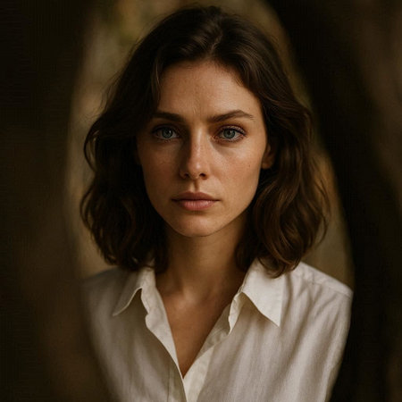 Portrait of a beautiful young brunette woman in a white shirt.の写真素材