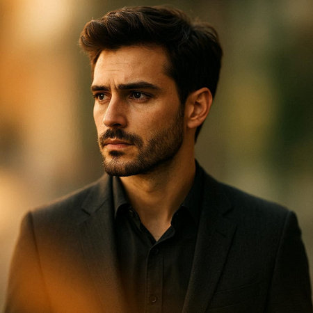 Portrait of a handsome young man in a black suit. Men's beauty, fashion.