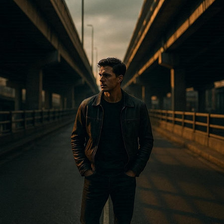 Portrait of a handsome young man in a black leather jacket on the bridgeの写真素材