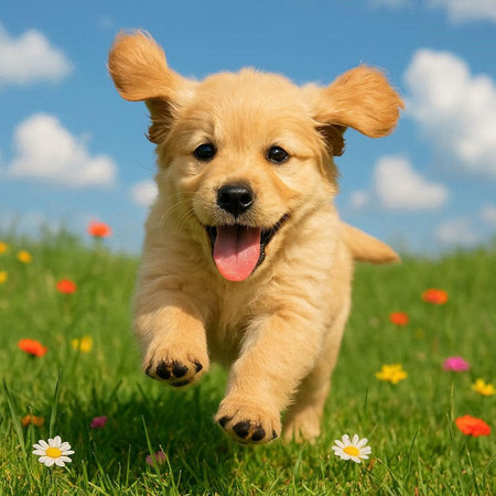 Cute Golden Retriever Puppy Running in the Green Grassの写真素材
