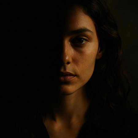 Portrait of a beautiful brunette woman on a dark background.の写真素材