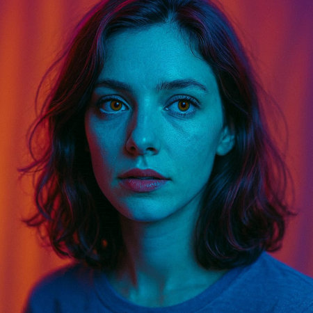 Close-up portrait of a young woman with green eyes looking at cameraの写真素材