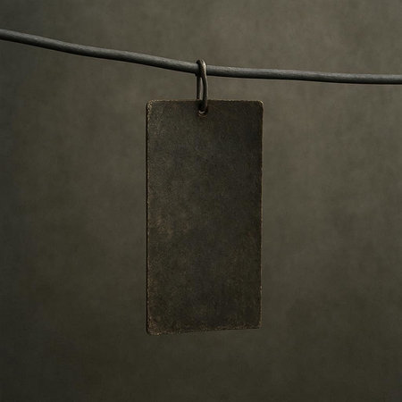 Old metal price tag hanging on a barbed wire on a dark backgroundの写真素材