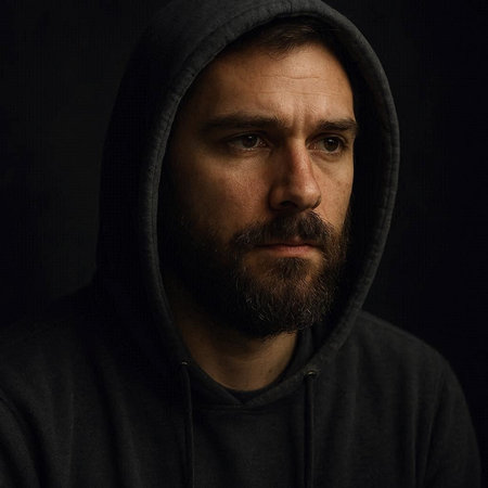 Portrait of a man with a beard in a hood on a black backgroundの写真素材