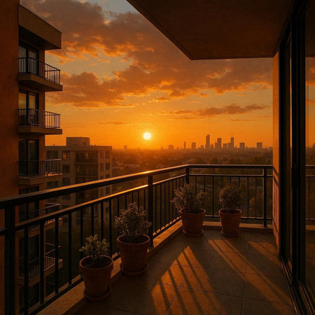 Sunset in the balcony of a residential building with a view of the city