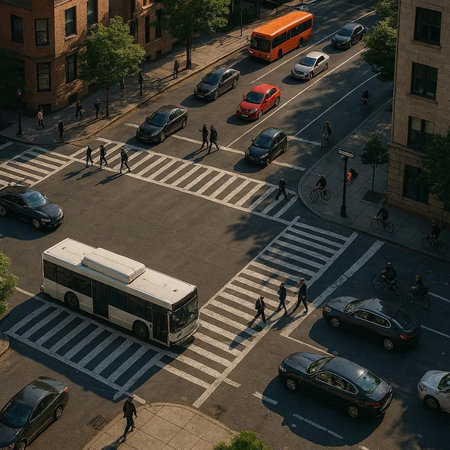 Aerial view of people walking on crosswalk in New York City