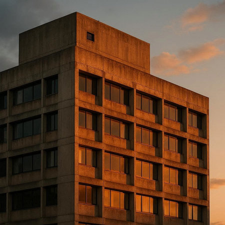 Modern office building at sunset. Architectural detail of modern architecture.の写真素材