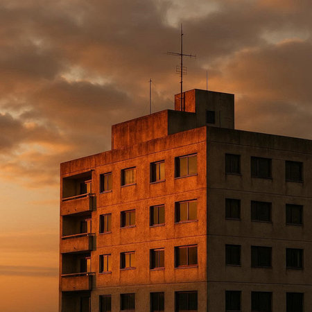 3D render of a modern residential building with balconies against a sunset sky