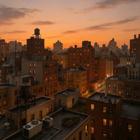 Aerial view of Manhattan, New York City, USA at sunset.