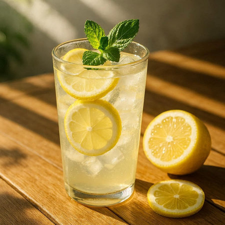 Glass of lemonade with ice, mint and lemon slices on wooden table