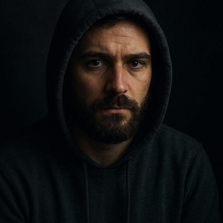 Portrait of a man in a black hoodie on a dark background