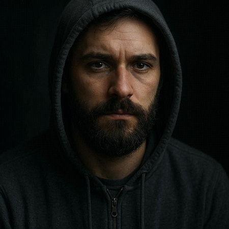Portrait of a man with a beard in a hood on a dark backgroundの写真素材
