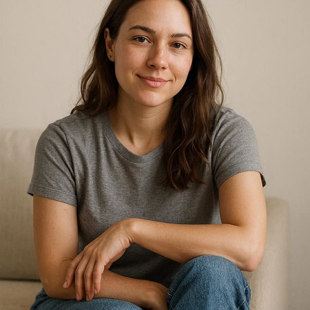 Portrait of a young woman sitting on the couch at home.