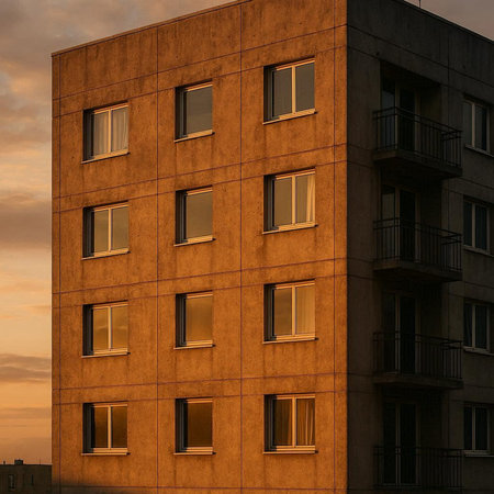 Modern apartment building exterior at sunset. 3d render illustration design.