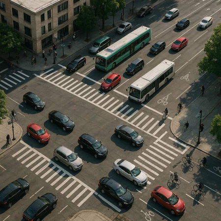 Aerial view of crosswalk with cars and buses in the city