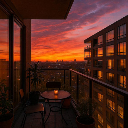 Sunset on the terrace of a modern apartment with a view of the city