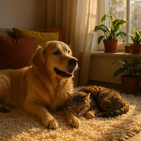 Golden retriever dog and cat sleeping together on carpet at home.の写真素材