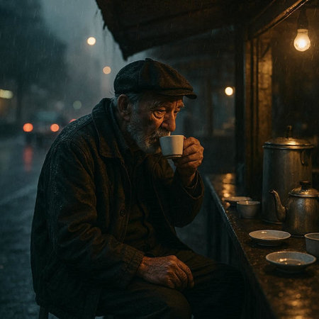 Elderly man with a cup of coffee in the street at night