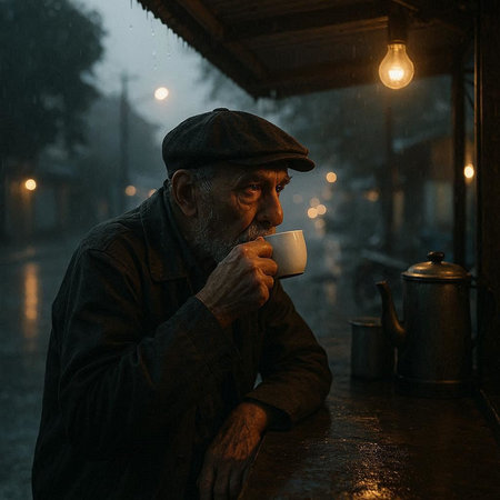 Homeless man sitting on the street in the rain and drinking coffee
