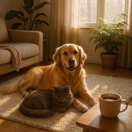 Golden Retriever, cat and coffee on the floor at homeの写真素材