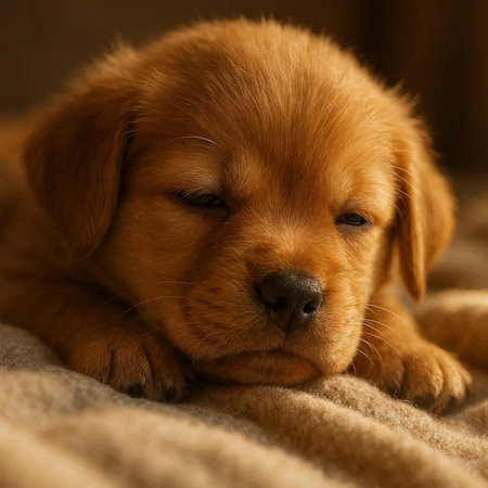 Labrador puppy sleeping on a soft blanket. Shallow depth of field.の写真素材