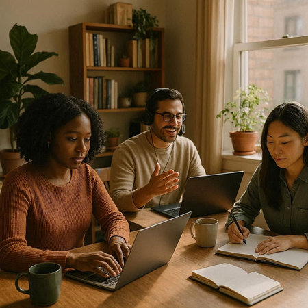 Group of multiracial business people working on laptop and talking in office