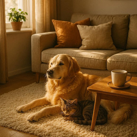 Golden Retriever with cat and coffee in the living room.の写真素材