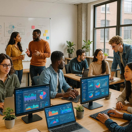 Multiethnic group of business people working on computer in modern office