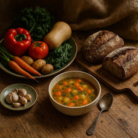 Vegetable soup in bowl with fresh vegetables and bread on wooden table