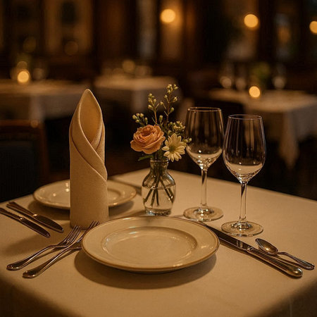 Restaurant table setting with cutlery and napkin.