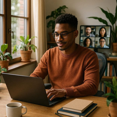 Portrait of smiling african american man in eyeglasses using laptop while sitting at table at home