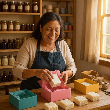 Smiling middle-aged woman in apron making handmade soap barsの写真素材