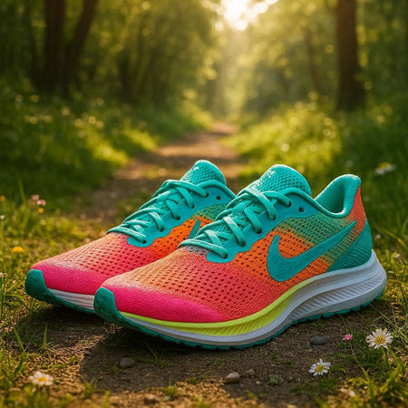 Colorful sneakers on the grass in the park. Healthy lifestyle.