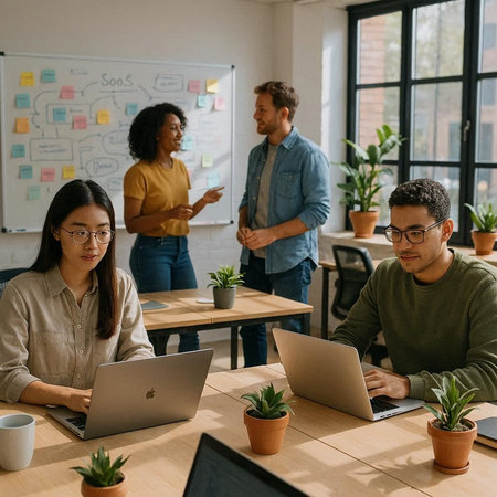multiethnic businesspeople using laptop and talking at meeting in officeの写真素材