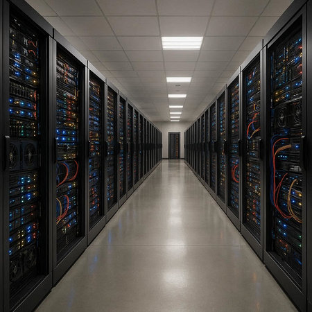 server room data center with rows of server racks. 3d render