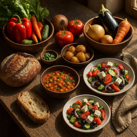 Vegetable salad with feta cheese, tomatoes and cucumbers in wooden bowls.