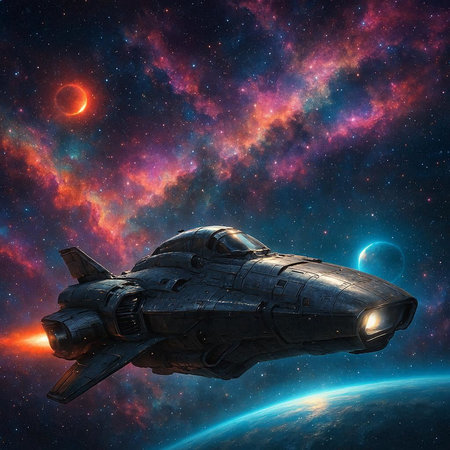 Spaceship in space. Science fiction art. 3D rendering