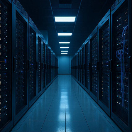 server room data center with rows of storage servers. 3d render