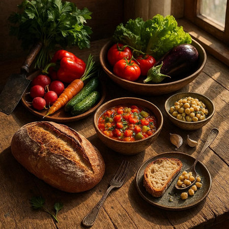 Vegetable soup with chickpeas, tomatoes, cucumbers, radishes and breadの写真素材