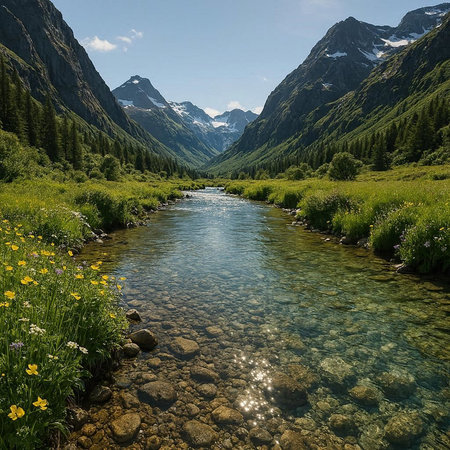 Mountain river in the high alpine meadow with wildflowers