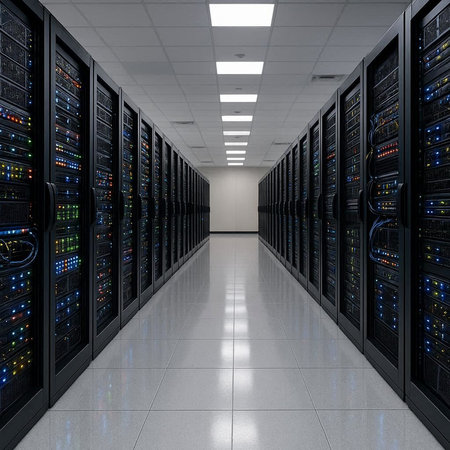 3d rendering server room data center with rows of server racks.