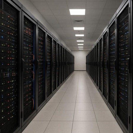 network server room with rows of black servers. 3d rendering.