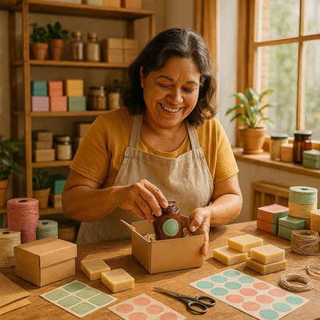 Mature woman making handmade soap bars at home. She is smiling and looking at it.の写真素材