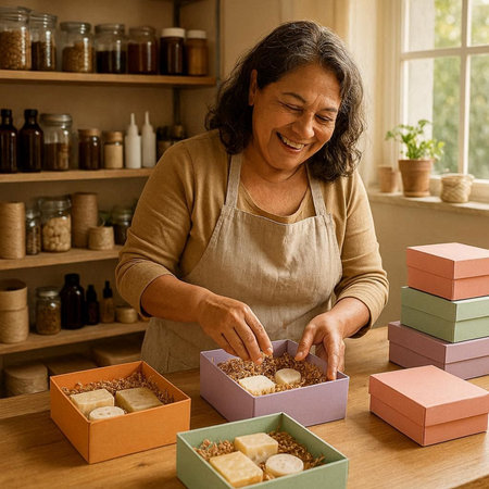 Smiling mature woman in apron preparing a handmade soap bar at homeの写真素材