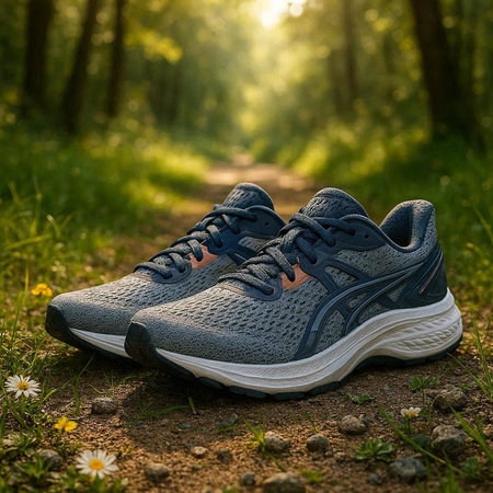 Running shoes on the road in the forest. Sport and healthy lifestyle.