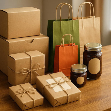Boxes and paper bags with food on wooden table at home.