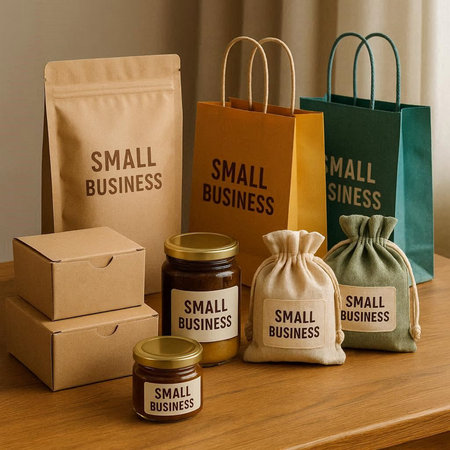 Shopping bags and jars of jam on a wooden table. Small business concept.