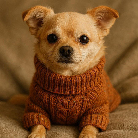 Chihuahua dog in a warm knitted sweater on a sofaの写真素材
